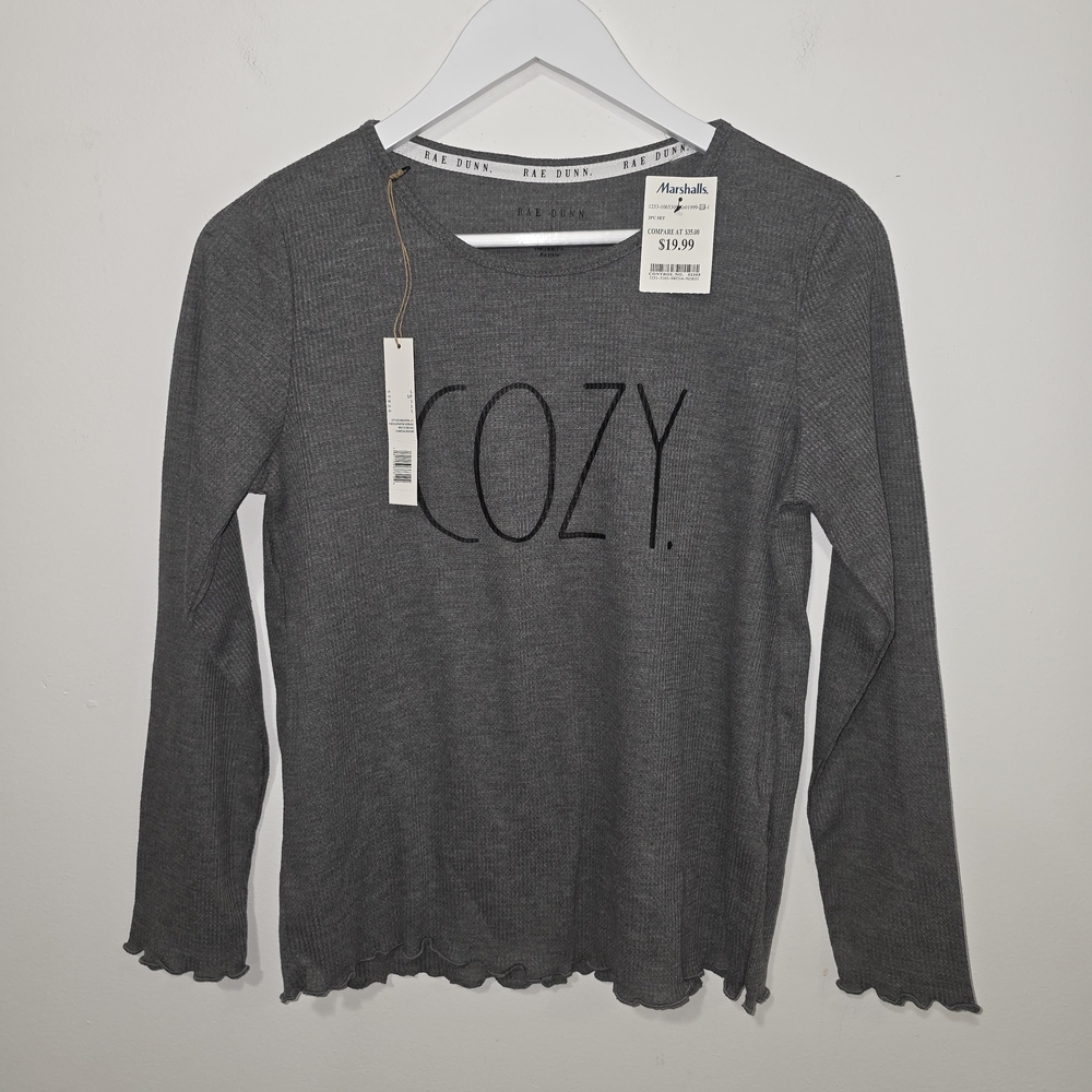 Rae Dunn Charcoal Gray 'COZY' Ribbed Long Sleeve Top